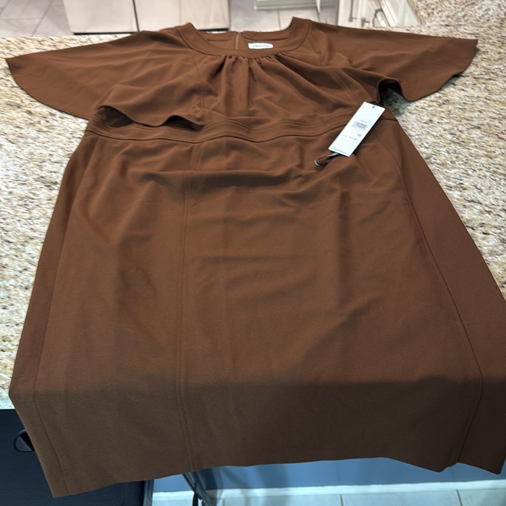 NWT Calvin Klein Minimalist Solid Color Brown Sheath Midi Dress SS 22W - Picture 3 of 11